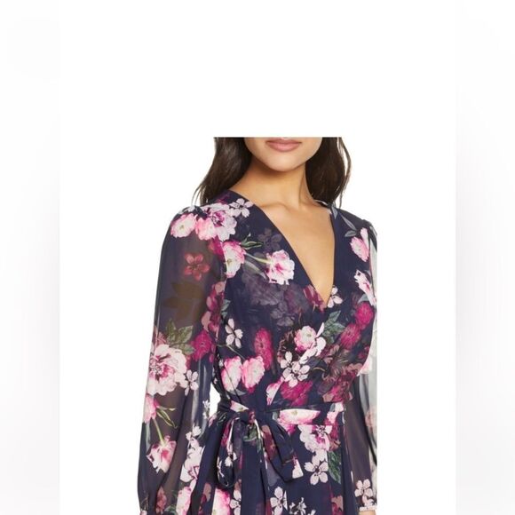 Eliza J Floral High Low Maxi Dress Navy Pink 4 NWT - Picture 4 of 11